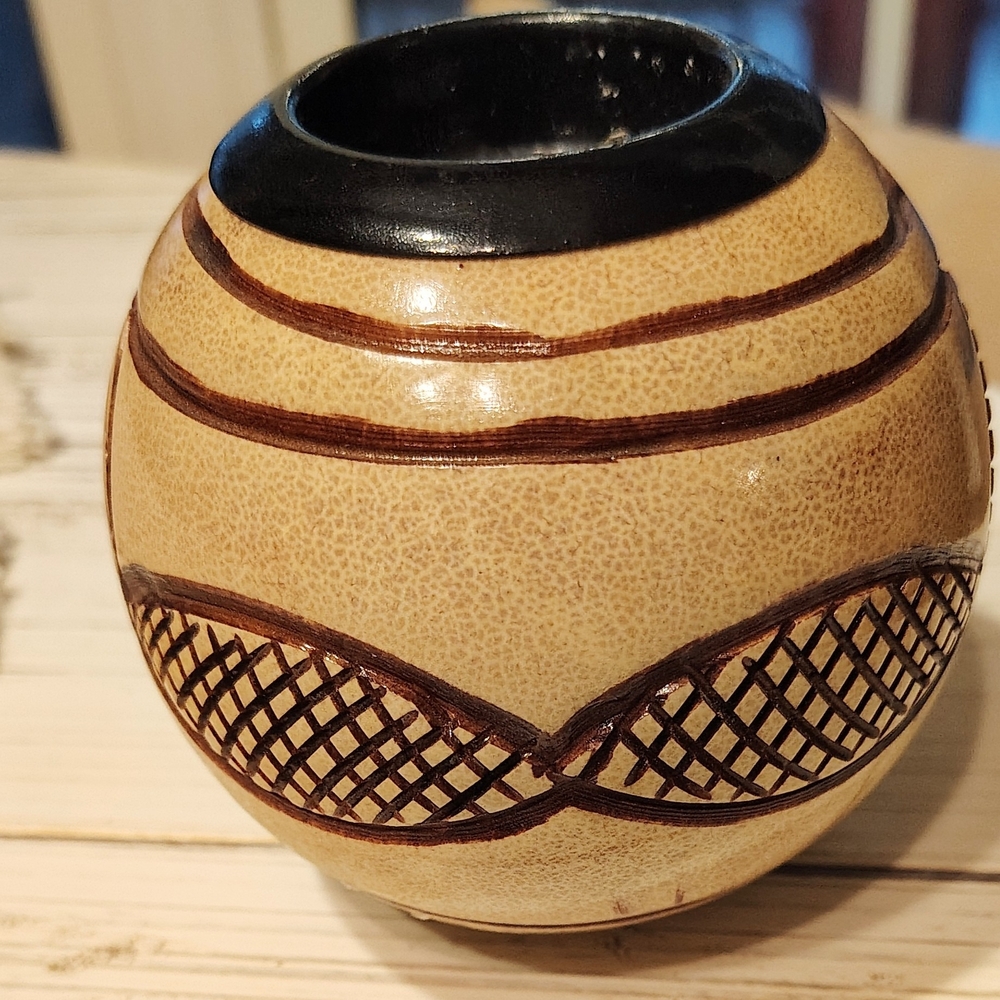 Pottery Art Candle Holder Or Vase. Tan With Brown Engraving.